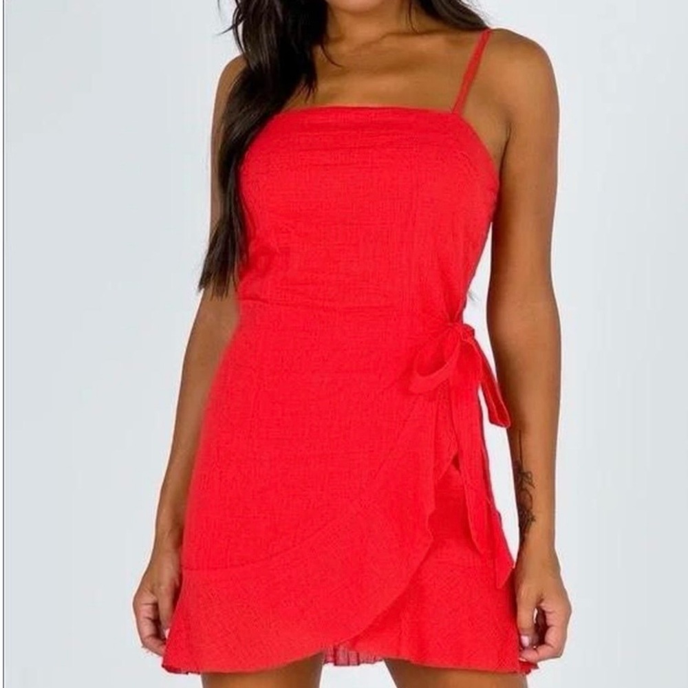Princess Polly Rosana Dress Red Cotton Gauze Wrap Mini Tie Waist Size 8